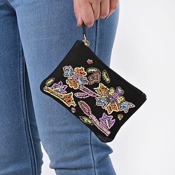 Shop Lc Black Genuine Leather Floral Pattern Embellishment Pouch With Top Zip Closure