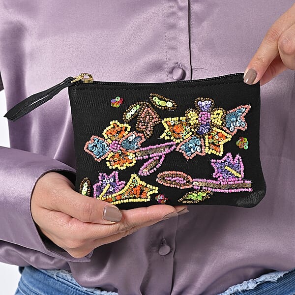 Shop Lc Black Genuine Leather Floral Pattern Embellishment Pouch With Top Zip Closure