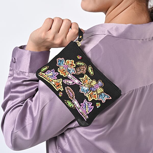 Shop Lc Black Genuine Leather Floral Pattern Embellishment Pouch With Top Zip Closure