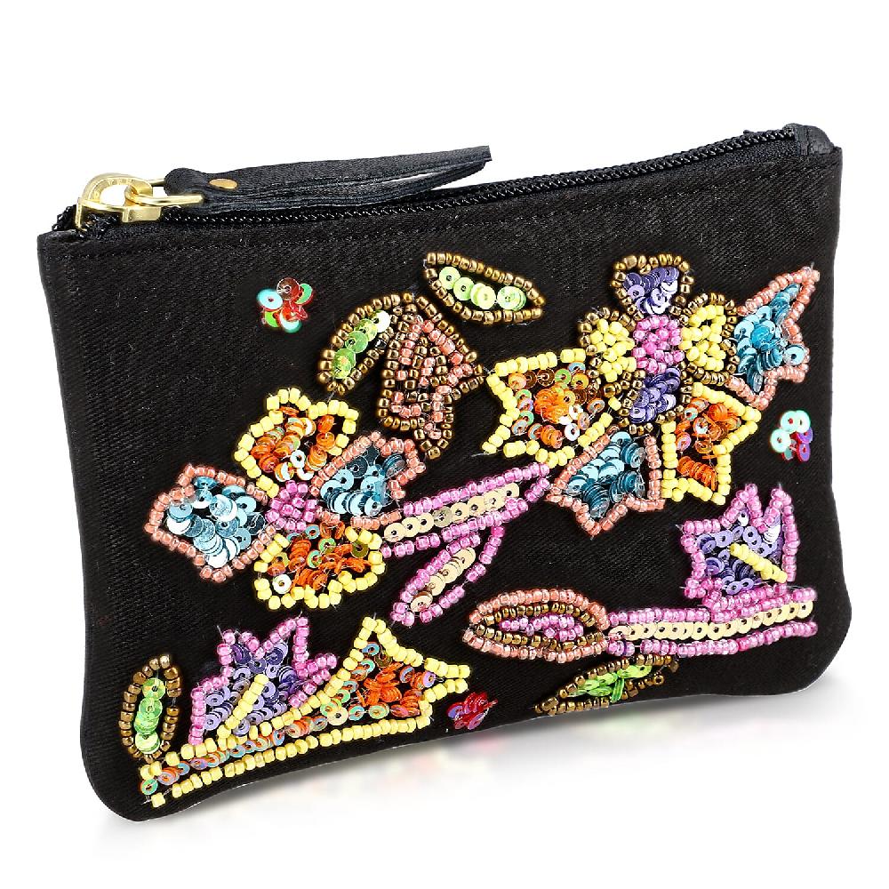shop lc Black Genuine Leather Floral Pattern Embellishment Pouch with Top Zip Closure