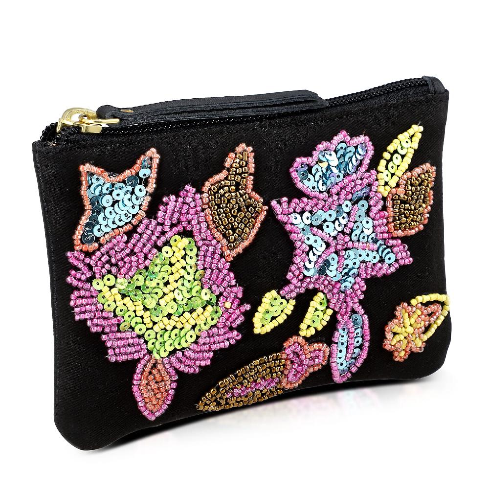shop lc Black Genuine Leather Floral Pattern Embellishment Pouch with Top Zip Closure