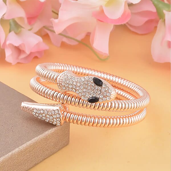 Shop Lc Black Glass And White Austrian Crystal Snake Link Chain Bracelet In Rosetone (7.00 In)