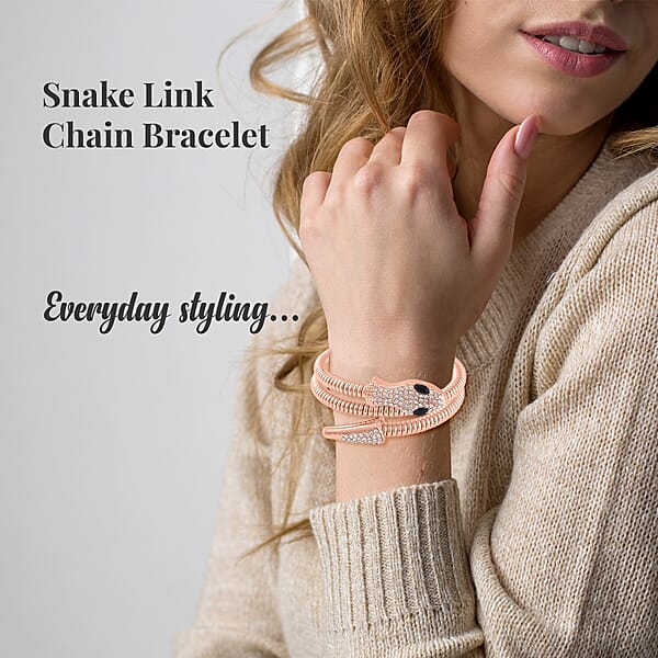 Shop Lc Black Glass And White Austrian Crystal Snake Link Chain Bracelet In Rosetone (7.00 In)
