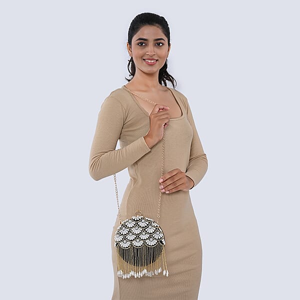 Shop Lc Black Hand Embroidery Pearl Studded Velvet Clutch With Tassels Ring Handle And Sling Chain