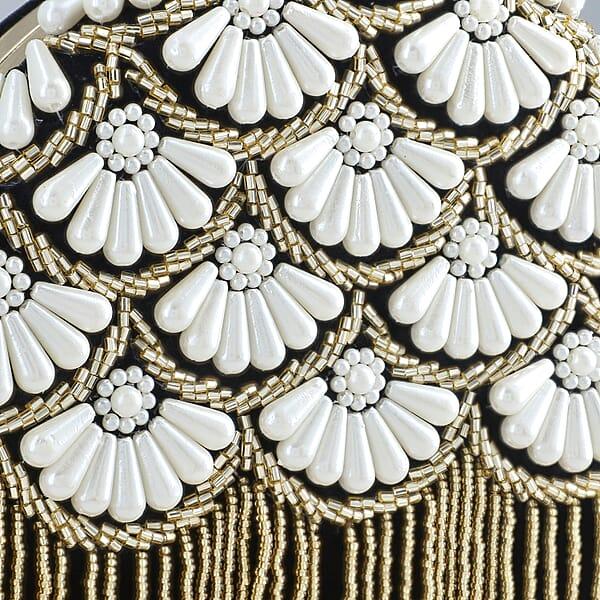 Shop Lc Black Hand Embroidery Pearl Studded Velvet Clutch With Tassels Ring Handle And Sling Chain