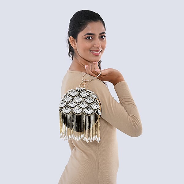 Shop Lc Black Hand Embroidery Pearl Studded Velvet Clutch With Tassels Ring Handle And Sling Chain