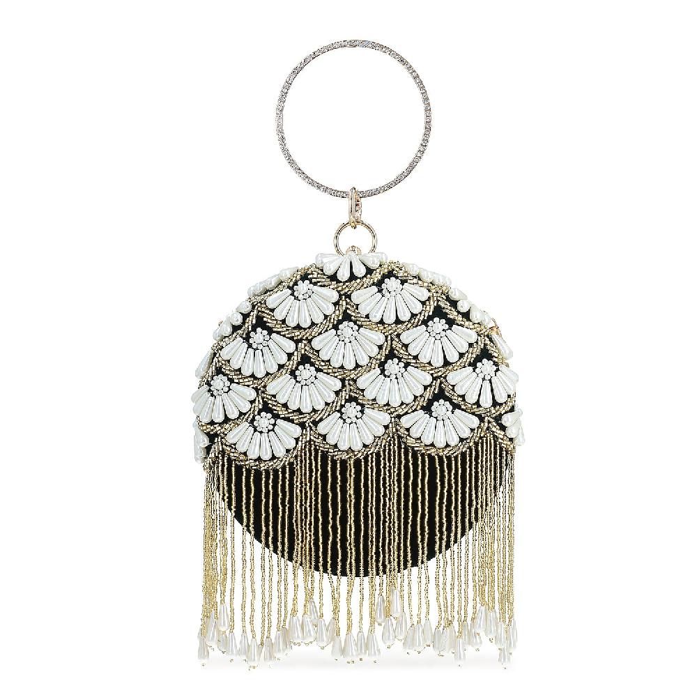 shop lc Black Hand Embroidery Pearl Studded Velvet Clutch with Tassels Ring Handle and Sling Chain