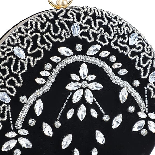 Shop Lc Black Hand Embroidery Round Shaped Beads Studded Velvet Clutch With Ring Handle And Sling Chain