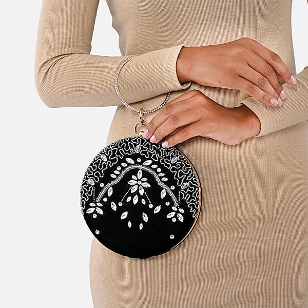 Shop Lc Black Hand Embroidery Round Shaped Beads Studded Velvet Clutch With Ring Handle And Sling Chain