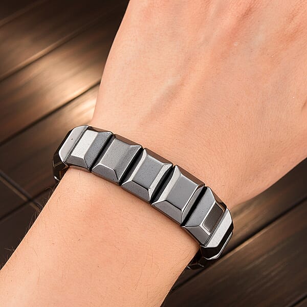Shop Lc Black Hematite Block Stretch Men's Bracelet 360.00 Ctw (8-8.5 Inches)