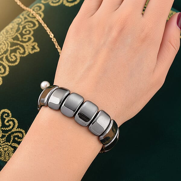 Shop Lc Black Hematite Block Stretch Men's Bracelet 360.00 Ctw (7.75-8.25 Inches)