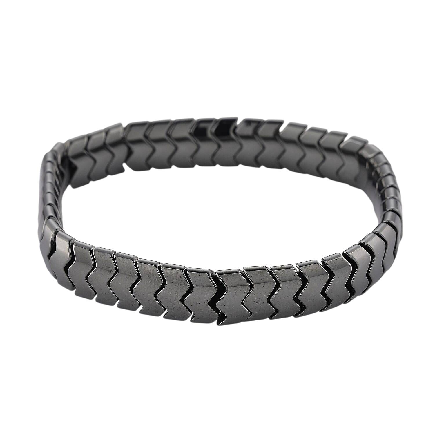 shop lc Black Hematite Chevron Block Stretch Men's Bracelet 207.50 ctw (8-8.5 Inches)