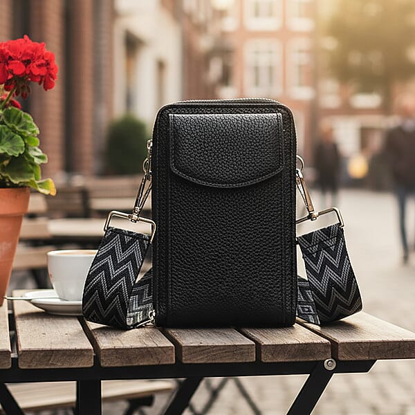 Shop Lc Black Litchi Embossed Faux Leather Crossbody Bag With Woven Shoulder Strap