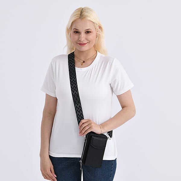 Shop Lc Black Litchi Embossed Faux Leather Crossbody Bag With Woven Shoulder Strap