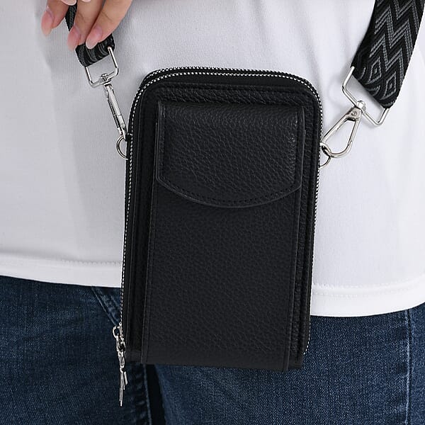 Shop Lc Black Litchi Embossed Faux Leather Crossbody Bag With Woven Shoulder Strap