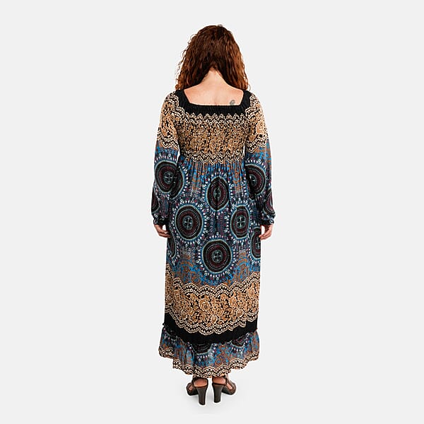 Shop Lc Black Mandala Long Sleeve Smocked Maxi Dress - One Size Fits Most