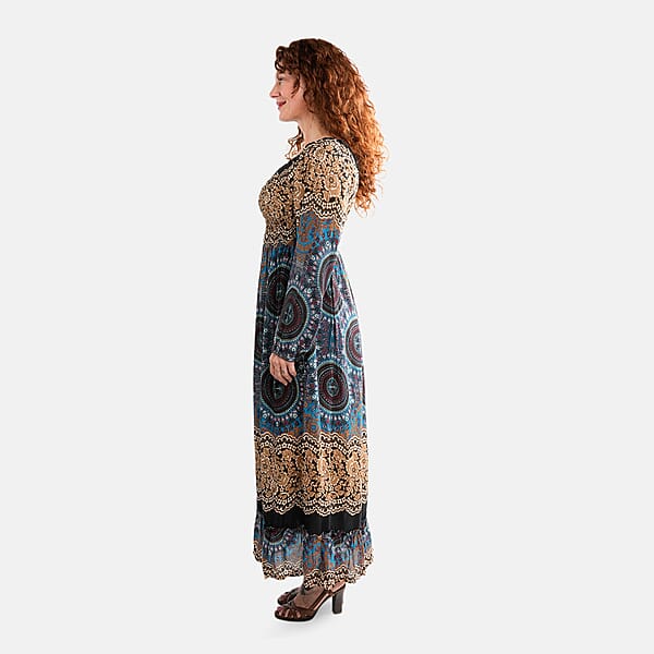 Shop Lc Black Mandala Long Sleeve Smocked Maxi Dress - One Size Fits Most