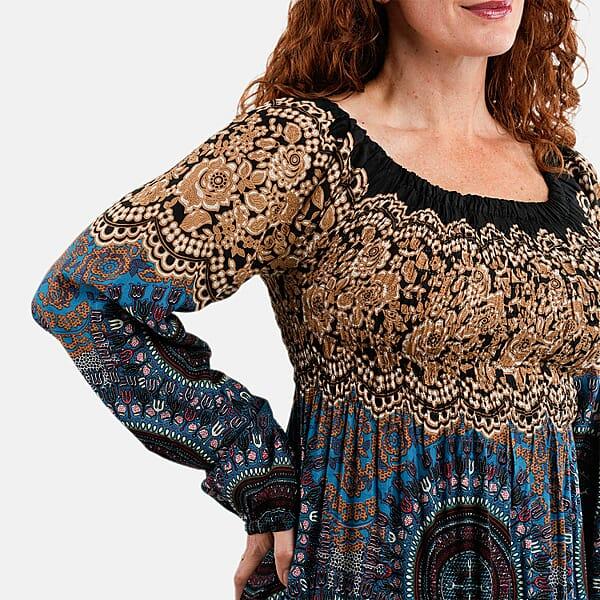 Shop Lc Black Mandala Long Sleeve Smocked Maxi Dress - One Size Fits Most