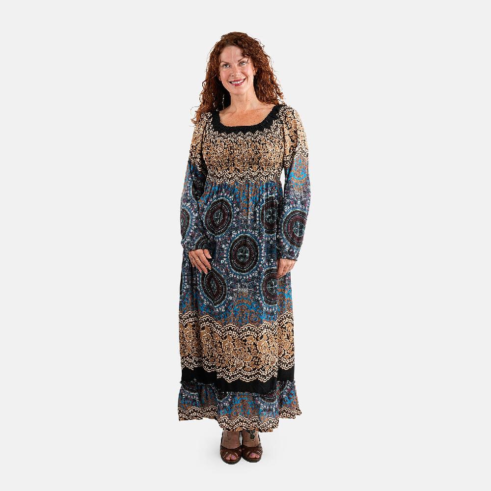 shop lc Black Mandala Long Sleeve Smocked Maxi Dress - One Size Fits Most