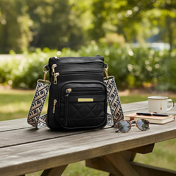 Shop Lc Black Multiple Pockets Faux Leather Crossbody Bag With Shoulder Strap