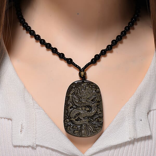 Shop Lc Black Obsidian 340.00 Ctw Carved Dragon Pendant With Beaded Necklace 26 Inches