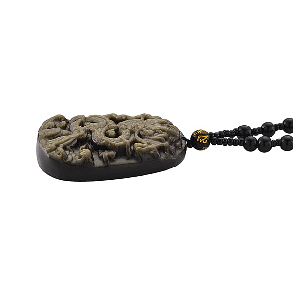 Shop Lc Black Obsidian 340.00 Ctw Carved Dragon Pendant With Beaded Necklace 26 Inches