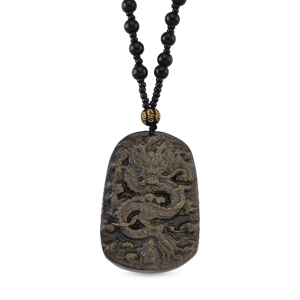 shop lc Black Obsidian 340.00 ctw Carved Dragon Pendant with Beaded Necklace 26 Inches
