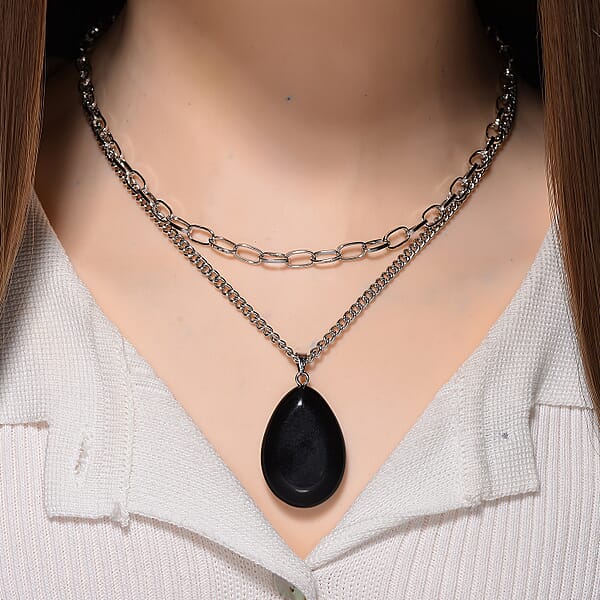 Shop Lc Black Obsidian 75.00 Ctw Pendant With Paper Clip Necklace In Silvertone 18-20 Inches