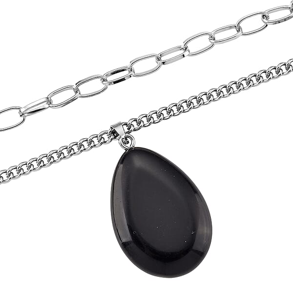 Shop Lc Black Obsidian 75.00 Ctw Pendant With Paper Clip Necklace In Silvertone 18-20 Inches