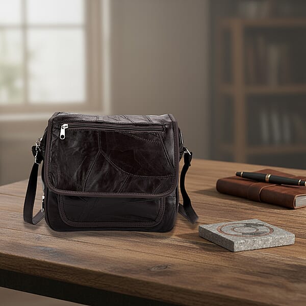 Shop Lc Black Patchwork Sheep Leather Crossbody Bag With Adjustable Shoulder Strap