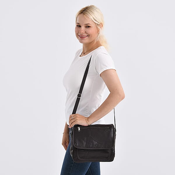 Shop Lc Black Patchwork Sheep Leather Crossbody Bag With Adjustable Shoulder Strap