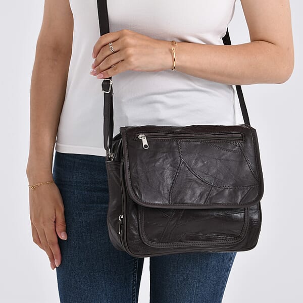 Shop Lc Black Patchwork Sheep Leather Crossbody Bag With Adjustable Shoulder Strap