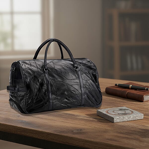 Shop Lc Black Patchwork Sheep Leather Travel Bag With Wheels
