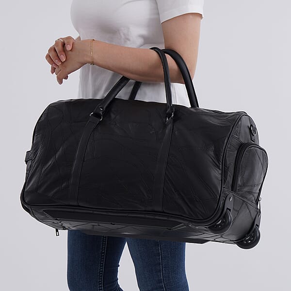 Shop Lc Black Patchwork Sheep Leather Travel Bag With Wheels