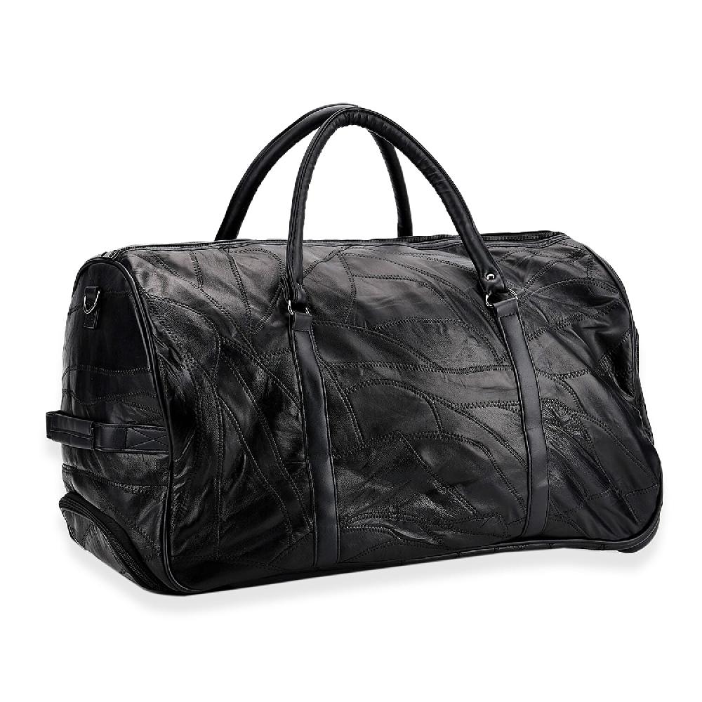 shop lc Black Patchwork Sheep Leather Travel Bag with Wheels