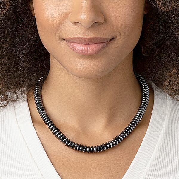 Shop Lc Black Plated Hematite Roundel Beaded Necklace In Silvertone 689.00 Ctw (21.25-23.25 Inches)