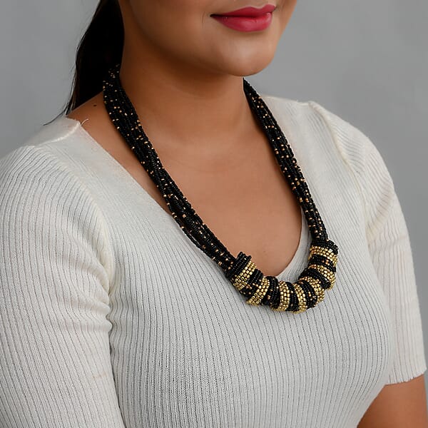 Shop Lc Black Seed Beaded Multi Strand Necklace (22 Inches) In Goldtone