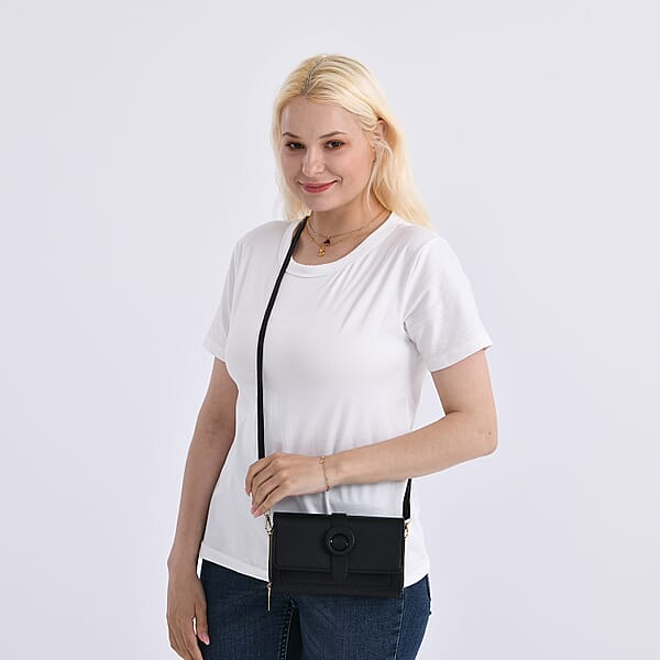 Shop Lc Black Solid Faux Leather Crossbody Wallet With Shoulder Strap