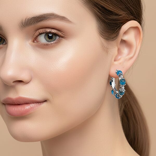 Shop Lc Blue Apatite Hoop Earrings In Silvertone 25.00 Ctw
