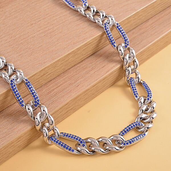 Shop Lc Blue Austrian Crystal Figaro Link Necklace 18.5-22.50 Inches In Silvertone