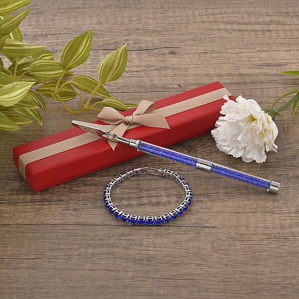 Shop Lc Blue Color Austrian Crystal Tennis Bracelet (7.50In) And Bracelet Helper In Silvertone