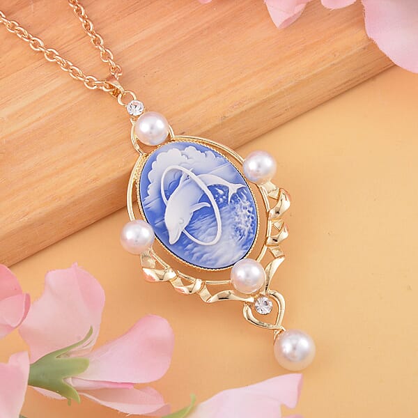 Shop Lc Blue Color Cameo And Multi Gemstone 6.00 Ctw Necklace In Goldtone 20.5-22.5 Inches