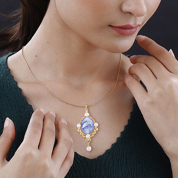 Shop Lc Blue Color Cameo And Multi Gemstone 6.00 Ctw Necklace In Goldtone 20.5-22.5 Inches