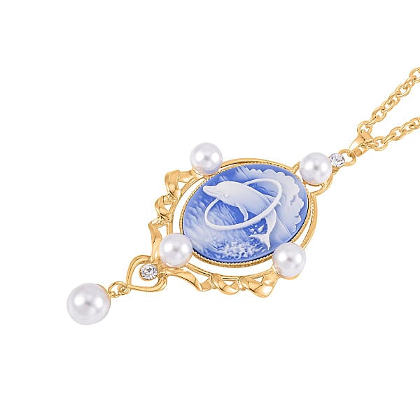 Shop Lc Blue Color Cameo And Multi Gemstone 6.00 Ctw Necklace In Goldtone 20.5-22.5 Inches