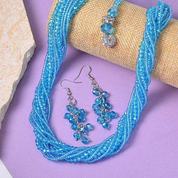 Shop Lc Blue Color Glass And Austrian Crystal 2pcs Multi Wear Necklace And Earrings In Silvertone 16 & 18 Inches