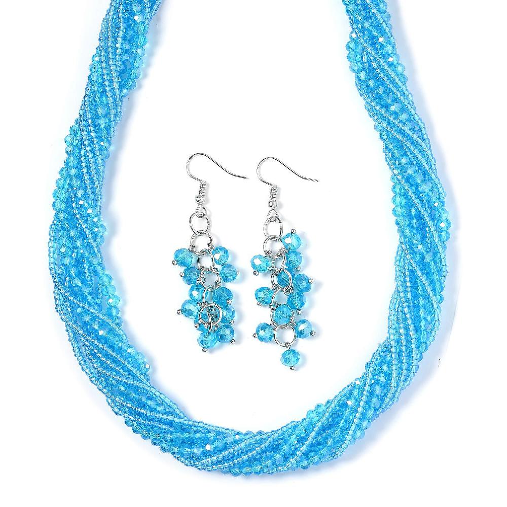 shop lc Blue Color Glass and Austrian Crystal 2pcs Multi Wear Necklace and Earrings in Silvertone 16 & 18 Inches