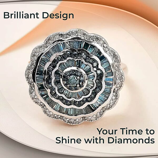 Shop Lc Blue Diamond Ring White Diamond Accent Ring Diamond Cluster Ring Cluster Cocktail Ring Floral Cluster Ring Platinum Over Sterling Silver Ring 1.50 Ctw