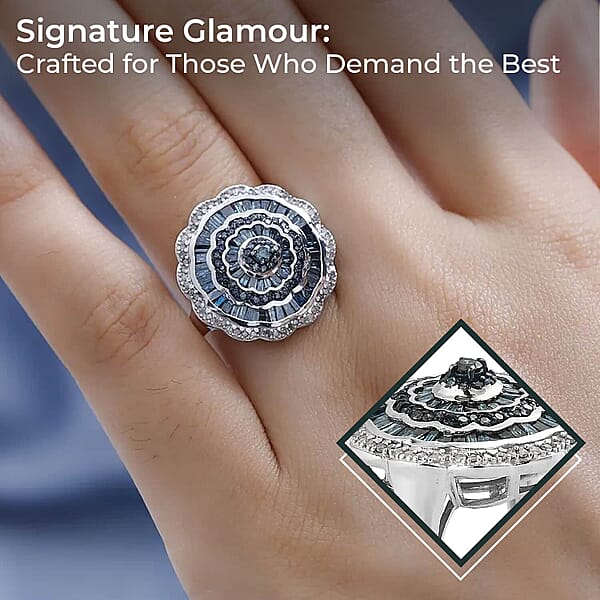 Shop Lc Blue Diamond Ring White Diamond Accent Ring Diamond Cluster Ring Cluster Cocktail Ring Floral Cluster Ring Platinum Over Sterling Silver Ring 1.50 Ctw