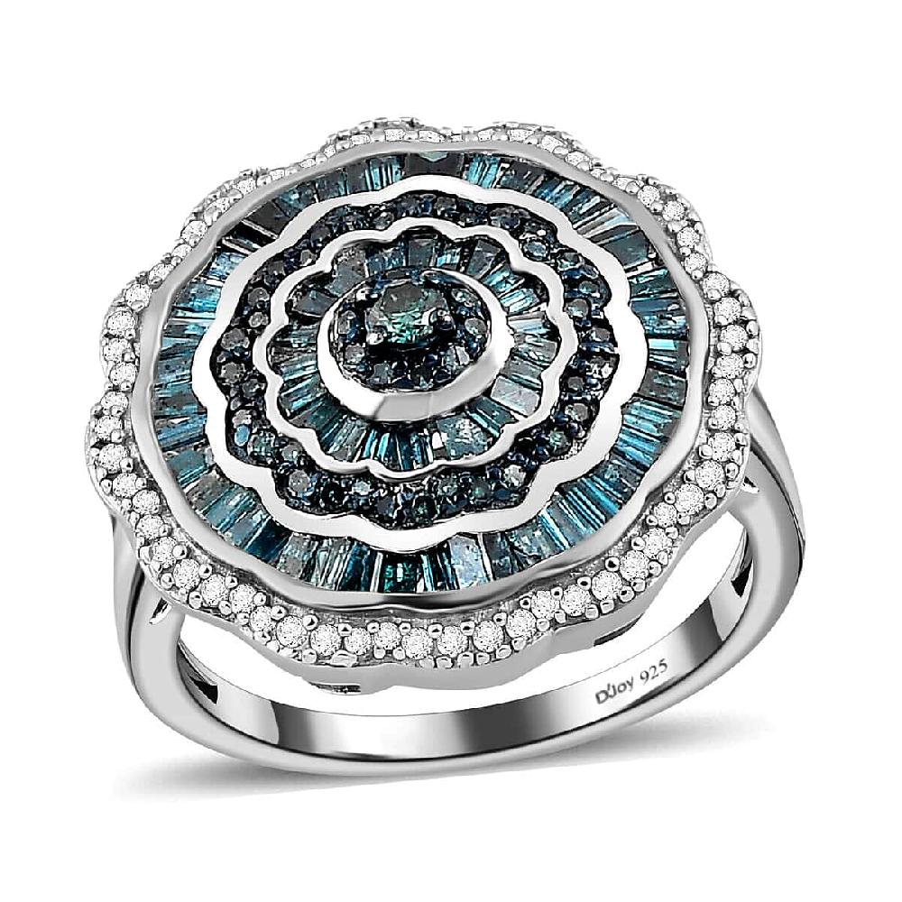 shop lc Blue Diamond Ring White Diamond Accent Ring Diamond Cluster Ring Cluster Cocktail Ring Floral Cluster Ring Platinum Over Sterling Silver Ring 1.50 ctw