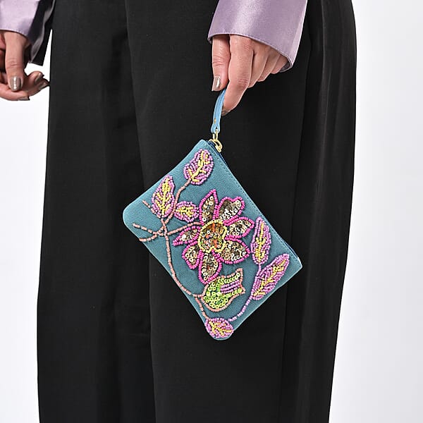Shop Lc Blue Genuine Leather Floral Pattern Embellishment Pouch With Top Zip Closure